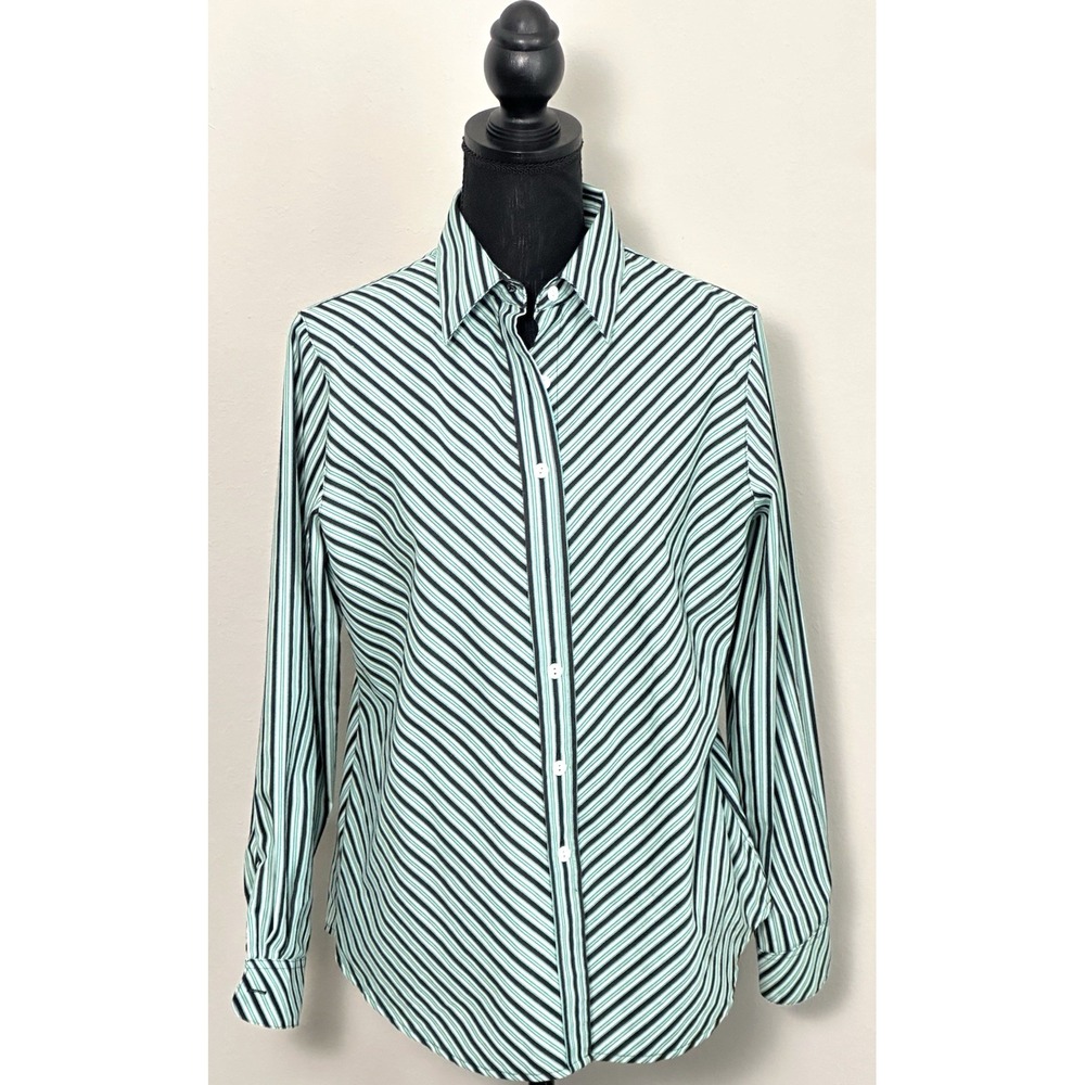 Foxcroft Women's Button Down Striped Longsleeve Blouse Green Black Size‎ (10P) - Picture 5 of 16